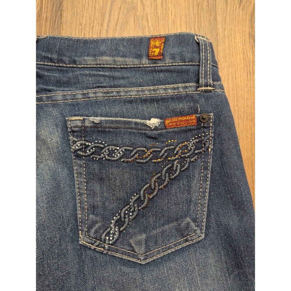 7 For All Mankind Dojo Jeans 28x34 Blue Medium Wash Straight Skinny Chain Sequin - Picture 8 of 16